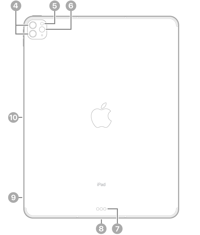 Pohľad na zadnú stranu iPadu Pro s popismi pri zadných kamerách a blesku vľavo hore, pri Smart Connectore a Thunderbolt/ USB 4 konektore uprostred dolnej strany, pri zásuvke na SIM kartu (na modeloch Wi-Fi + Cellular) vľavo dole a pri magnetickom konektore pre Apple Pencil na ľavej strane.