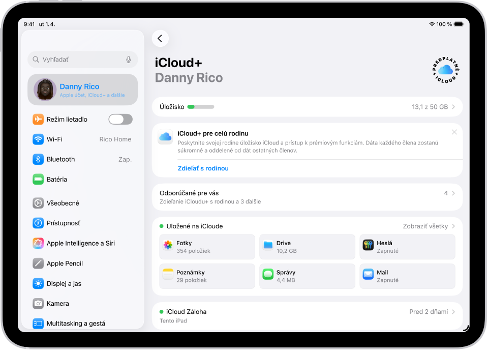 Obrazovka nastavení iCloudu s prehľadom využitia iCloud úložiska a zoznamom apiek a funkcií, ktoré je možné s iCloudom používať, napríklad Fotky, iCloud Drive a iCloud Mail.