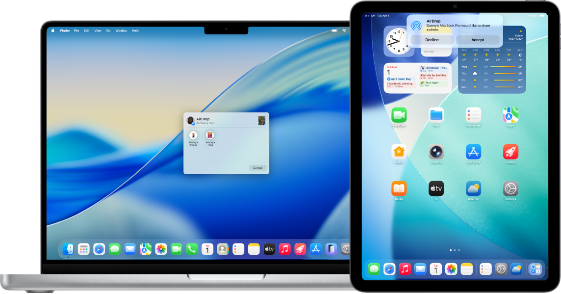 Mac je poleg iPada. Pogovorno okno AirDrop je odprto na namizju Maca, pripravljen za sdeljenje dokumenta z iPadom. Zaslon iPada z obvestilom o prejemu dokumenta.