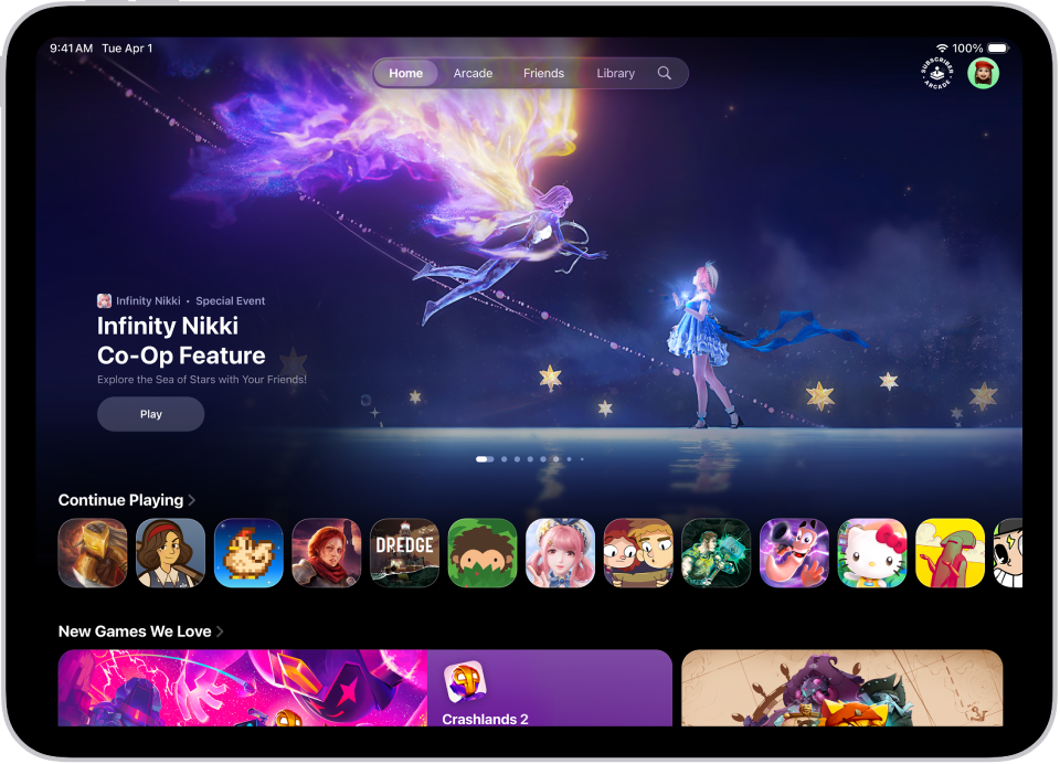 Aplikacija Apple Games prikazuje zavihek Domov, ki prikazuje poseben dogodek, igre za nadaljevanje igranja in nove izdaje.