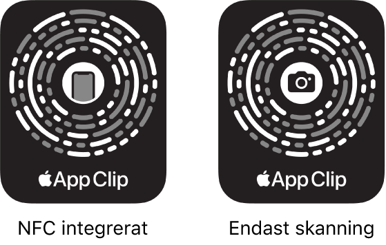 Till vänster finns en NFC-integrerad kod för appklipp med en iPhone-symbol i mitten. Till höger finns en NFC-kod som endast går att skanna med en kamerasymbol i mitten.