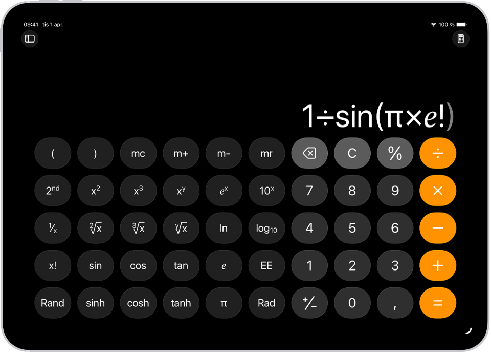 iPad med den avancerade kalkylatorn med minne, exponential- och logaritmfunktioner samt trigonometriska funktioner.