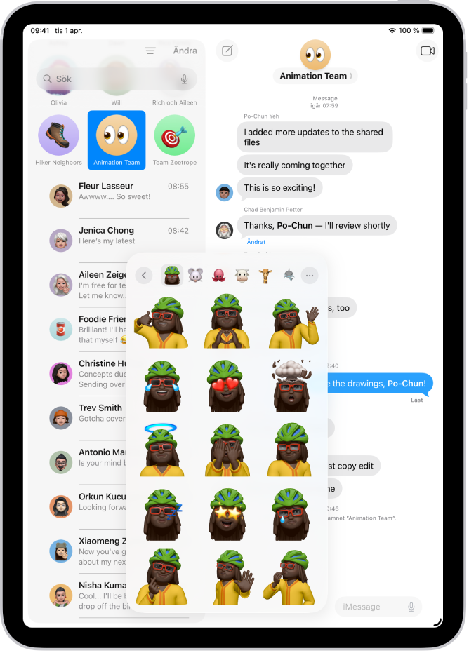 En öppen meny i en konversation i Meddelanden visar en Memoji i många olika poser.