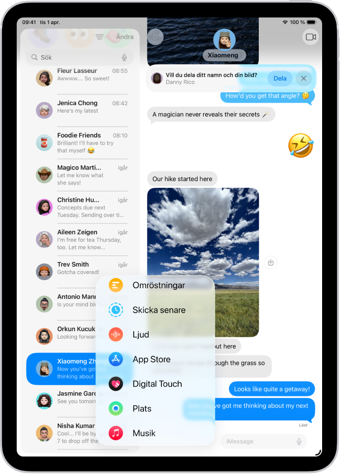 Menyn Lägg till i Meddelanden på iPad med flera iMessage-funktioner: schemalagd sändning, ljudmeddelanden, App Store, GIF-bilder, Digital Touch, platsdelning och musik.