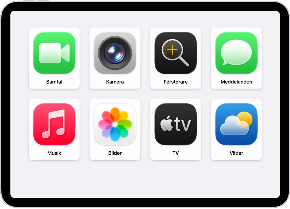 En iPad som visar hemskärmen för Åtkomststöd med ett stort rutnät med appar.