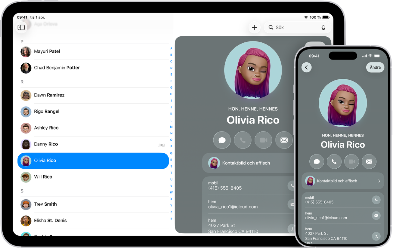 En kontaktlista på iPad och ett kontaktkort på iPhone