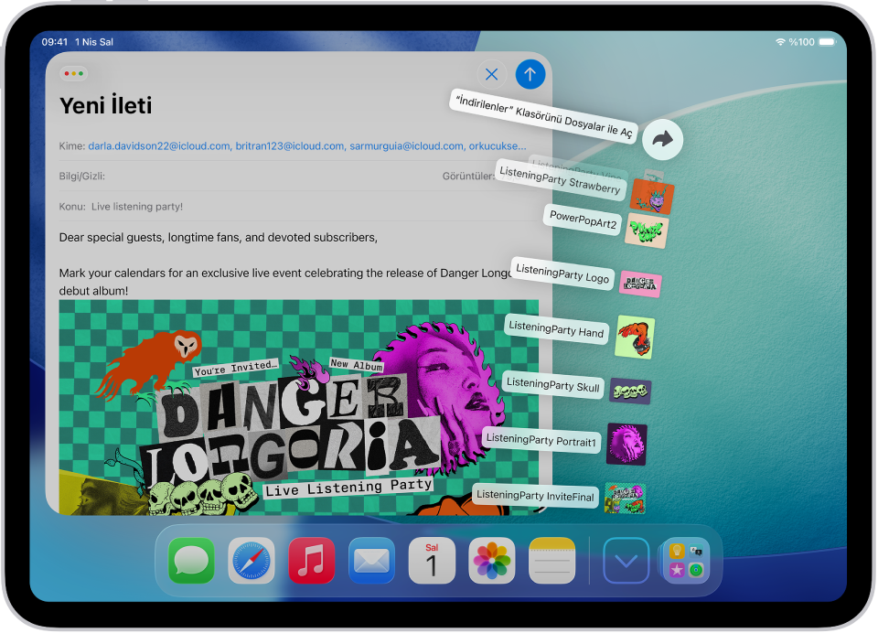 Dock’tan açılabilecek dosyaları gösteren iPad ana ekranı.
