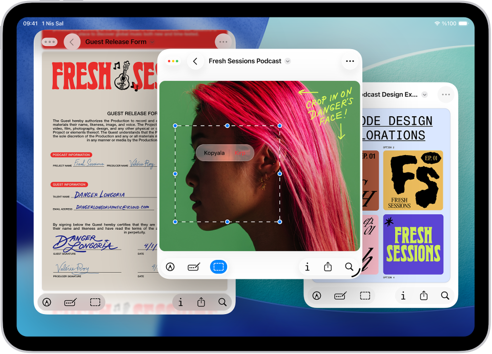 Üç farklı boyutta açılmış ve birbirinin üzerine gelen pencerelerin bulunduğu iPad.