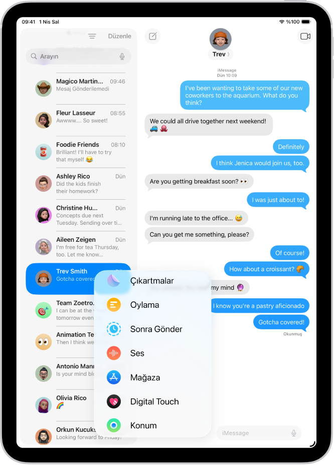 iPad’deki Mesajlar’da Ekle menüsü, birden fazla iMessage özelliğini listeliyor: zamanlanmış gönderim, sesli mesaj, App Store, GIF görüntüleri, Digital Touch, konum paylaş ve müzik.
