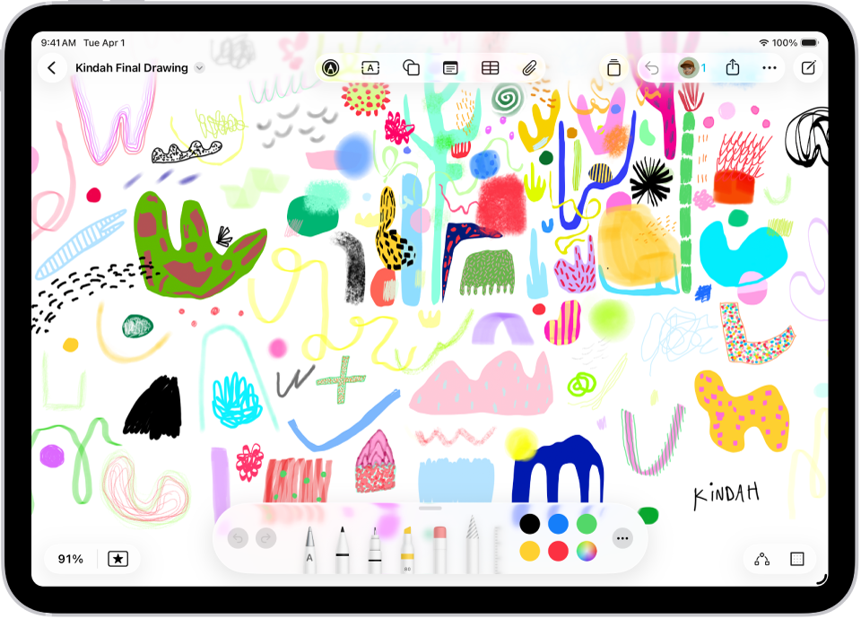 Freeform بورڈ والا iPad جس میں تحریر اور ڈرائنگ شامل ہیں۔