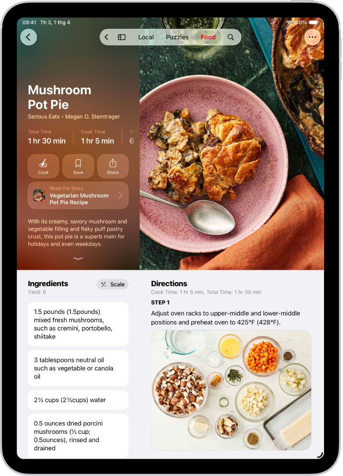 Một công thức trong Apple News+ với nguyên liệu và các bước thực hiện được hiển thị.