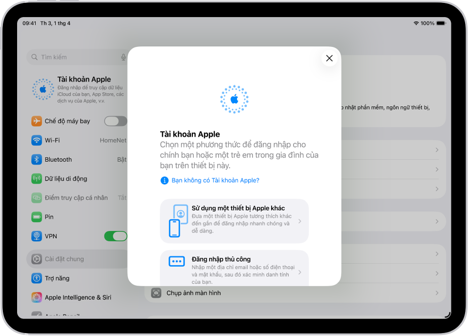 Màn hình Cài đặt, với hộp thoại đăng nhập Tài khoản Apple ở giữa màn hình.