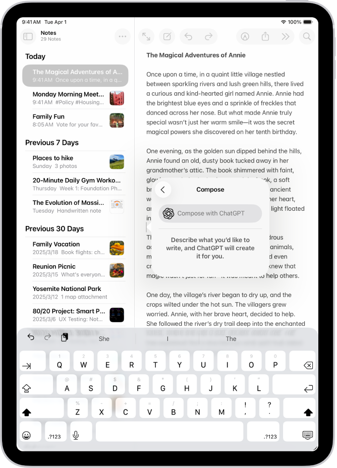 一部 iPad 顯示正在「備忘錄」App 中撰寫的文章。螢幕右側顯示「使用書寫工具撰寫」對話框,其中包含描述更動、選擇 ChatGPT 建議等選項。