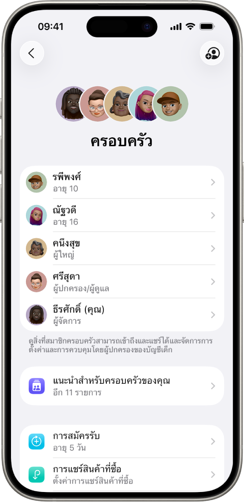 หน้าจอการแชร์กันในครอบครัวในการตั้งค่า สมาชิกครอบครัวห้าคนแสดงอยู่ และการสมัครรับสี่รายการถูกแชร์กับครอบครัว