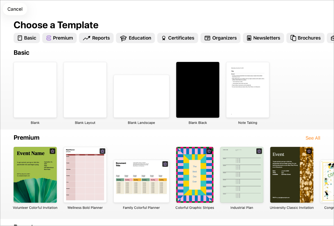 The template chooser, showing a row of categories across the top that you can tap to filter the options. Below are thumbnails of predesigned templates arranged in rows by category, starting with Recents at the top and followed by Basic and Reports. A See All button appears above and to the right of each category row. The Language and Region button is in the top-right corner.