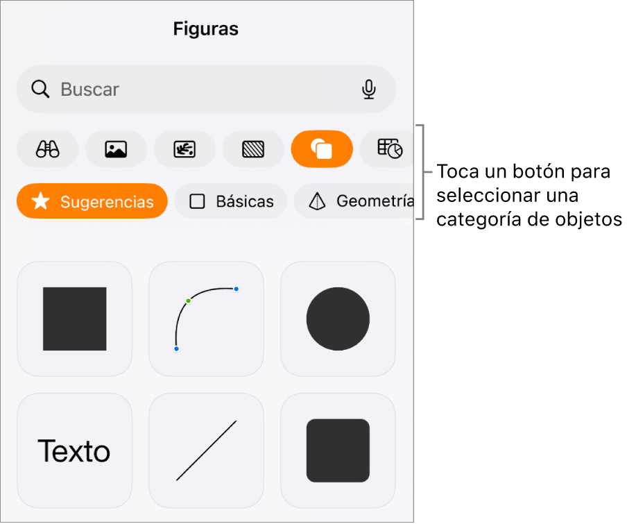 Los controles para agregar un objeto, con botones en la parte superior para seleccionar tablas, gráficas, figuras (líneas y cuadros de texto incluidos) y contenidos.