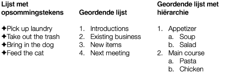 Voorbeelden van lijsten met opsommingstekens, geordende lijsten en lijsten met een hiërarchie.