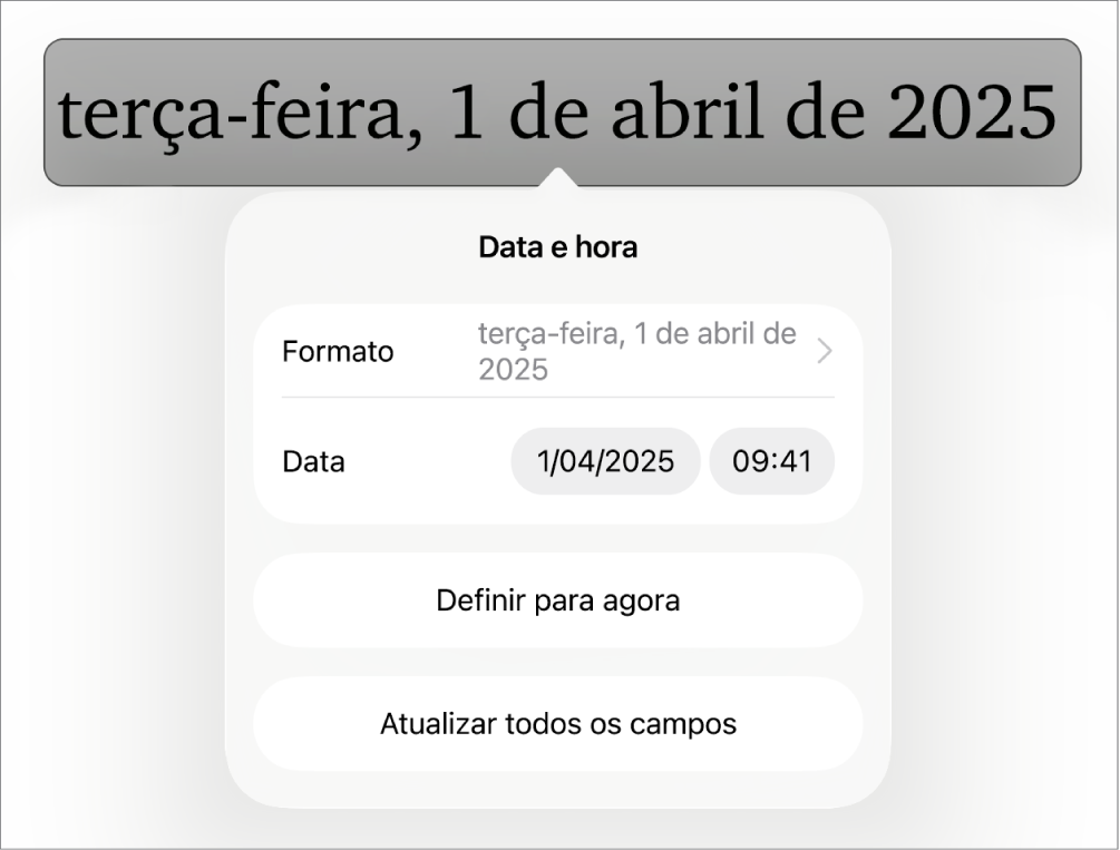 Os controlos “Data e hora” a mostrar um menu pop-up para "Formatação” da data e os botões “Definir para agora” e “Atualizar todos os campos”.