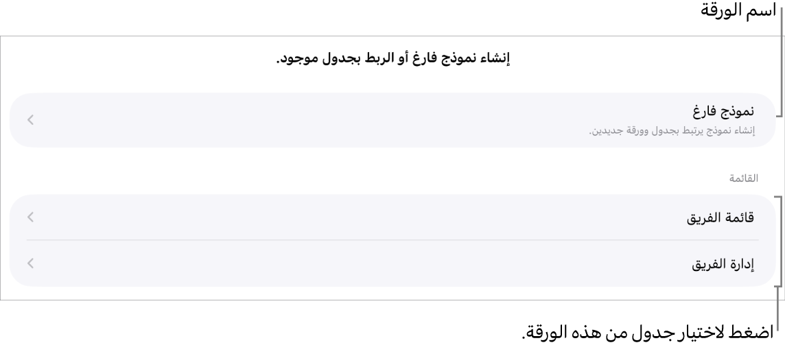 قائمة بالجداول الموجودة في جدول البيانات نفسه، مع ظهور خيار إنشاء نموذج فارغ في الأعلى.