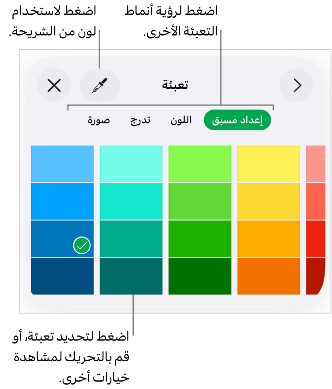 خيارات تعبئة في علامة تبويب النمط الخاص بزر التنسيق.