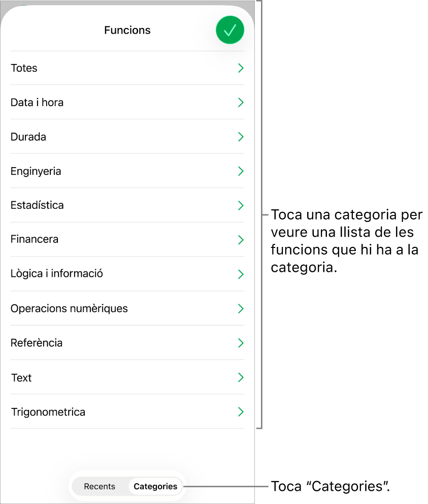 L’explorador de funcions amb el botó Categories seleccionat i la llista de categories a sota.
