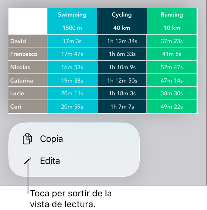 Se selecciona una taula i a sota s’hi pot veure un menú amb els botons “Copia” i “Edita”.