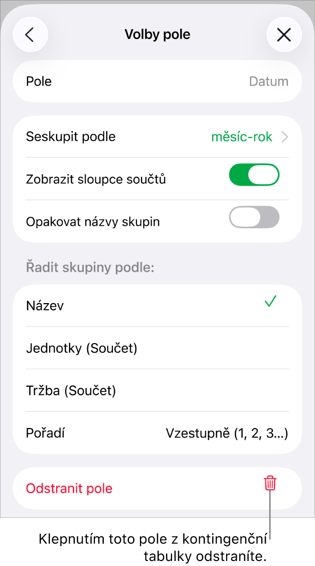 Nabídka „Volby pole“ zobrazující ovládací prvky pro seskupení a řazení dat a také volbu pro odstranění polí.