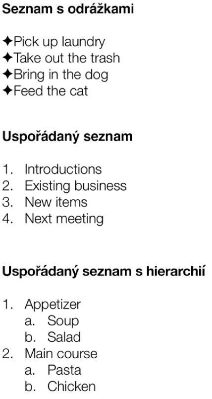 Ukázky seznamu s odrážkami, seřazeného seznamu a seřazeného seznamu s více hierarchickými úrovněmi.