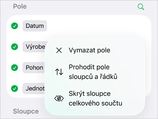 Nabídka „Další volby pole“ zobrazující ovládací prvky pro skrytí celkových součtů, prohození polí sloupců a řádků a vymazání polí