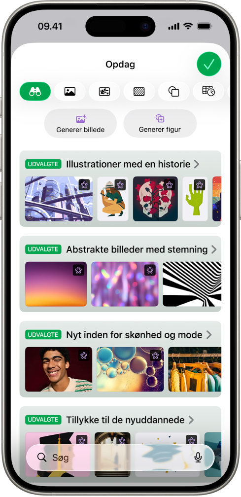 Kategorien Opdag i indholdshubben viser muligheder for at generere et billede eller føje Premium-billeder til et regneark.