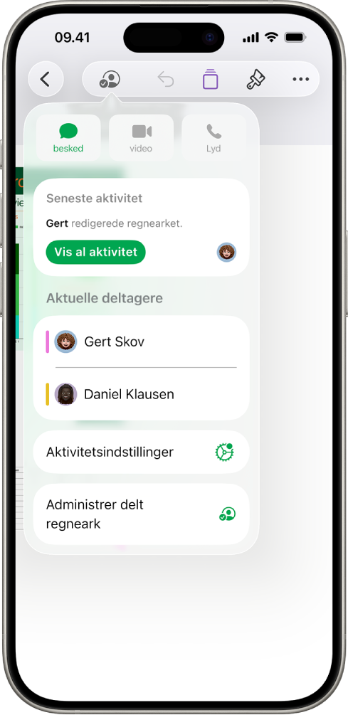 Samarbejdsmenuen, der viser navnene på de personer, der samarbejder om regnearket.
