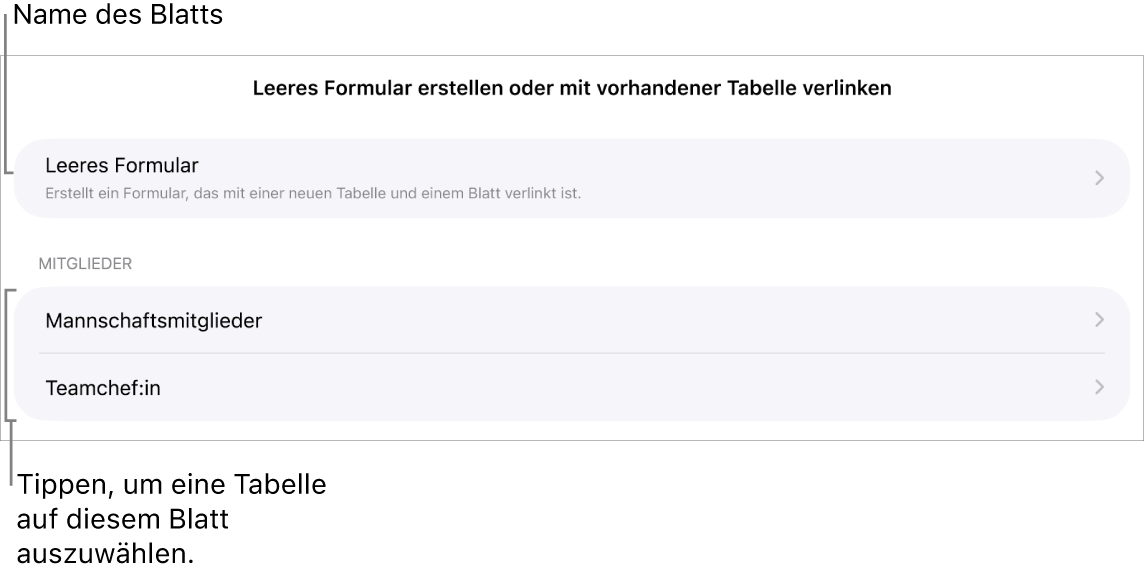 Einige Tabellen in derselben Tabellenkalkulation mit der Option zum Erstellen eines leeren Formulars oben.