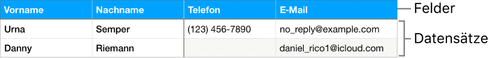 Richtig konfigurierte Tabelle für die Verwendung von Formularen mit einer Titelzeile. Die Titelzeile enthält Beschriftungen für Felder und eine Liste mit Datensätzen, die die Kontaktdaten der Mitglieder einer Sportgruppe zeigen.