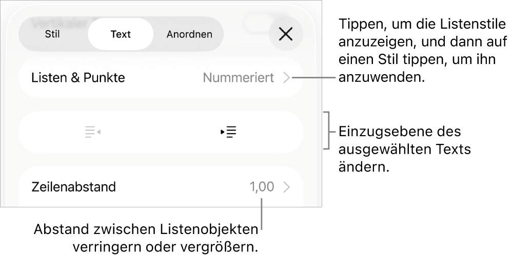Der Abschnitt „Listen & Punkte“ der Formatsteuerungen mit Beschreibungen für „Listen & Punkte“, den Tasten „Einrücken“ und „Ausrücken“ und Steuerelemente für den Zeilenabstand