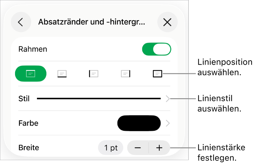 Steuerelemente, um Stil, Stärke, Position und Farbe der Linie zu ändern.