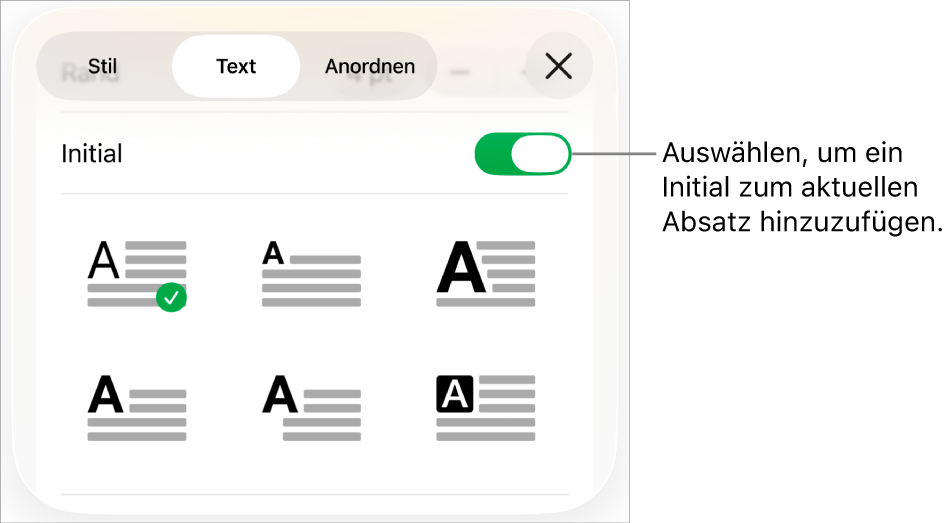 Die Steuerelemente „Initial“ im Menü „Text“