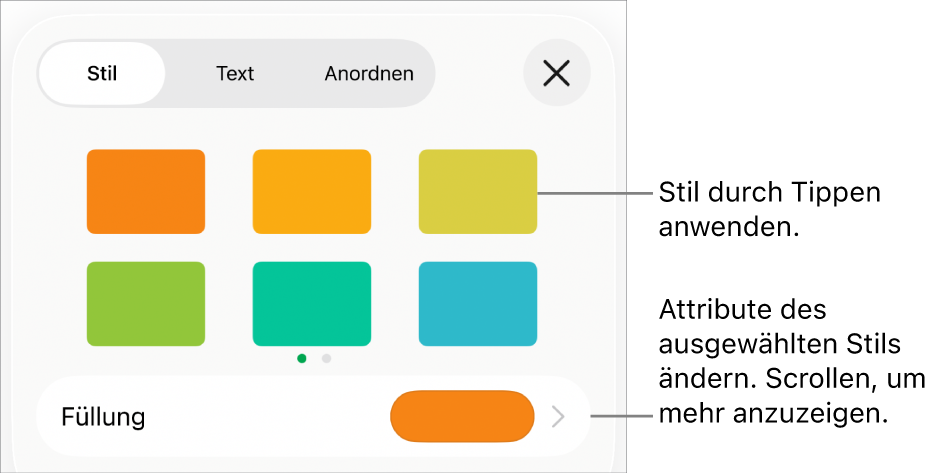Der Tab „Stil“ des Menüs „Format“ mit Formstilen oben und ein Feld mit Füllfarben darunter