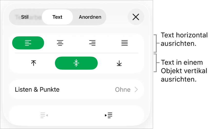 Der Abschnitt „Layout“ im Informationsfenster „Format“ mit Bezugslinien zu den Ausrichtungstasten und zu den Abstandstasten für Text.