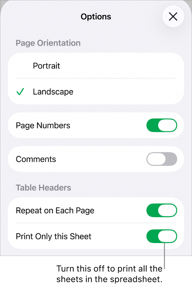 Printing options for choosing page orientation, showing page numbers and headers, choosing paper size and which pages to print.