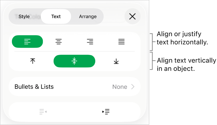 The Layout section of the Format inspector with callouts to the text alignment and spacing buttons.