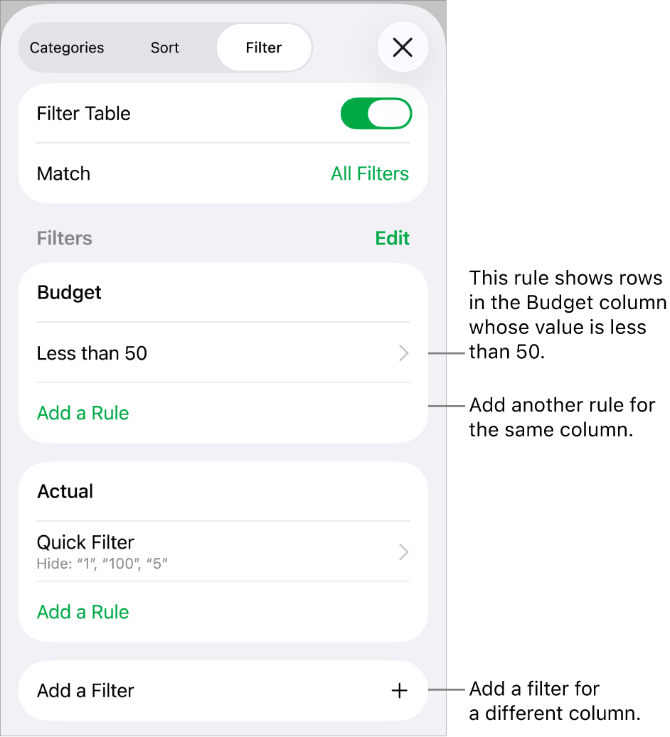 Controls for adding new filtering rules or editing existing ones.