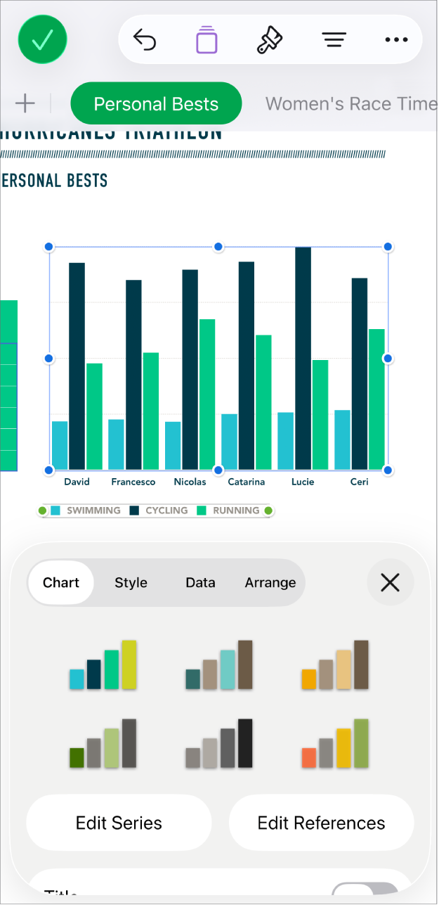 A pie chart showing percentages of trails completed. The Format menu is also open, showing different chart styles to choose from, as well as options to edit the series or chart references and turn the chart title on or off.