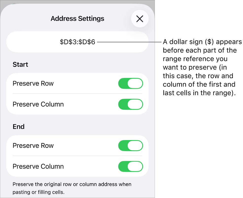The controls for specifying which of a cell’s row and column references should be preserved if the cell is moved or copied. A dollar sign appears before each part of the range reference you want to preserve.