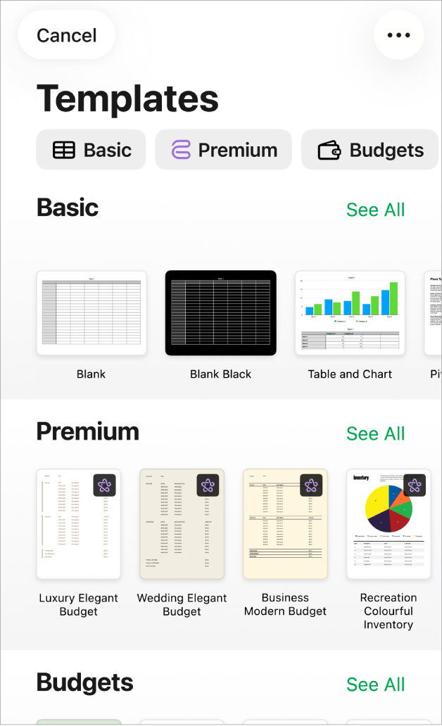 The template chooser, showing a row of categories across the top that you can tap to filter the options. Below are thumbnails of pre-designed templates arranged in rows by category.