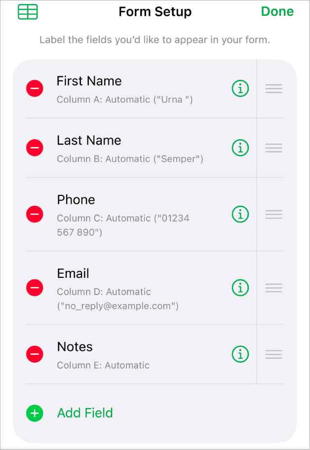 Form setup controls, showing options to add, edit, reorder and delete fields, as well as to change the format of fields (such as from Text to Percentage).