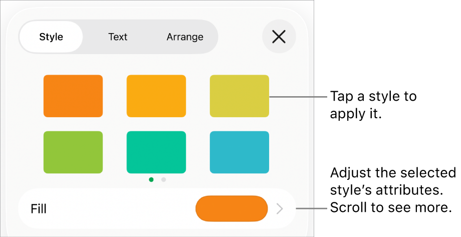 The Style tab of the Format menu with shape styles at the top and a fill colour well below.