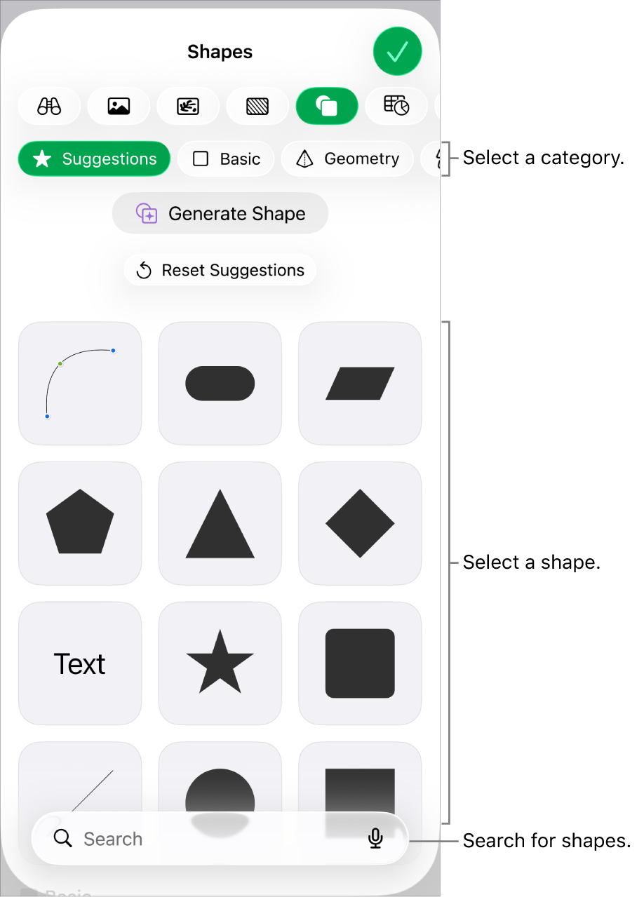 The shapes library, with categories at the top and shapes displayed below. You can use the search field at the top to find shapes and swipe to see more.