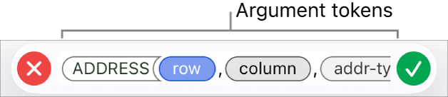 The Formula Editor showing a function with argument tokens.