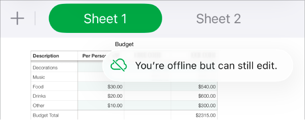 The buttons at the top of the screen, with the Collaboration button changed to a cloud with a diagonal line through it. An alert on the screen says “You’re offline but can still edit.”