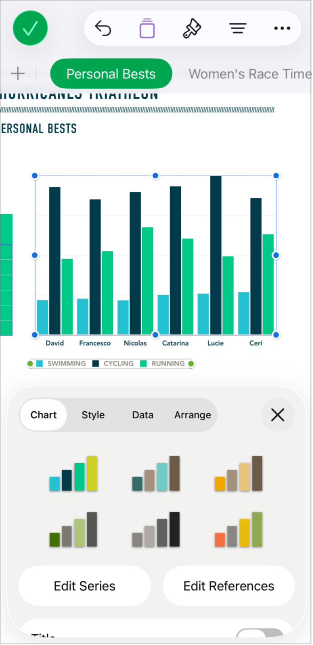 A pie chart showing percentages of trails completed. The Format menu is also open, showing different chart styles to choose from, as well as options to edit the series or chart references, and turn the chart title on or off.